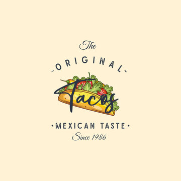 Hand drawn logo tacos silhouette and modern vintage typography retro style vector illustration. Taco tortilla label for fast food packaging and restaurant menu decoration.