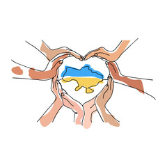The concept of helping the whole world to Ukraine. Hands showing heart, love. Hand gesture. Hands of people of different nationalities expressing support. Map of Ukraine in national colors. 