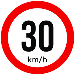 Fototapeta Maximum speed limit illustration 30 km per hour. Traffic sign icon isolated on a white background obraz