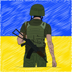 Vector image of a soldier in a cash register and body armor with an AK-47, against the background of the Ukrainian flag. Support Ukraine.