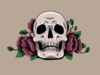 Hand drawn black and white skull with vibrant red poppy flowers. Flat, cartoon, comics style with black solid outline.