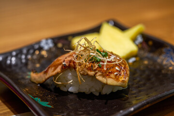 A fragrant and delicious Japanese dish, pan-fried foie gras sushi