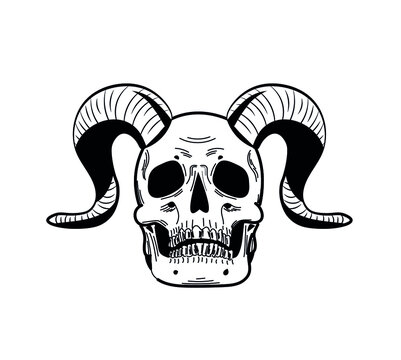 Hand drawn black and white skull. with goat horns Flat, cartoon, comics style with black solid outline.