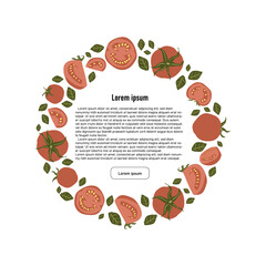 Concept with circle of hand drawn red ripe tomatoes and text place