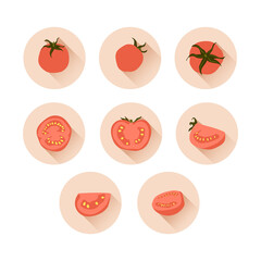 Vector set of icons with hand drawn red tomatoes for web design, stickers, labels. Fresh ripe whole tomato with slices. Organic tasty vegetable.