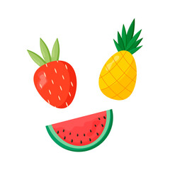 Summer tropical fruits: yellow pineapple, green watermelon and red strawberry. Flat design vector illustration isolated on white background