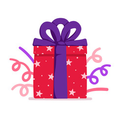 Gift present vector illustration. Flat box with bow, cartoon festive surprise. Birthday, christmas prize isolated on white background