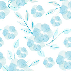 Fototapeta premium Hand-Drawn Seamless Pattern of Abstract Flowers and Leaves on White Background. Beautiful Loose Watercolor Illustration for Wallpaper, Fabric, Postcard or Wrapping Paper
