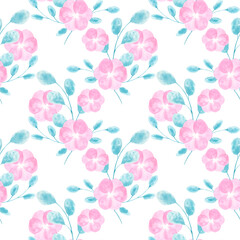 Hand-Drawn Watercolor Seamless Pattern of Loose Abstract Flowers with Leaves on White Background. Beautiful Illustration in Wet-on-Wet Technique for Wallpaper, Fabric, Postcard or Wrapping Paper