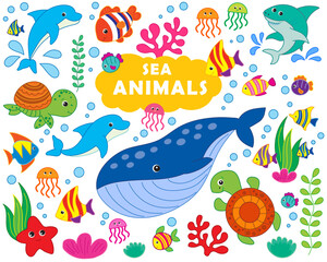 Obraz premium big set of sea animals. vector image in cartoon style