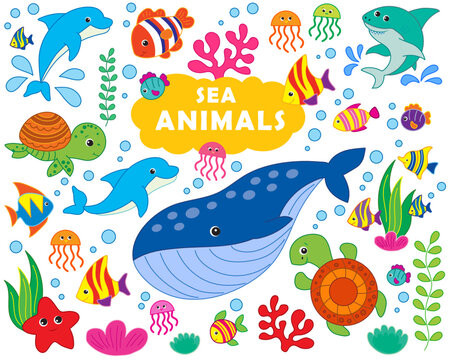 big set of sea animals. vector image in cartoon style