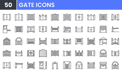 Fotobehang Gate and Fence vector line icon set. Contains linear outline icons like Door Entrance, Garage, Stop Sign, Parking Barrier Security, Residence Gate, Automatic Gate. Editable use and stroke for web. © Gofficon