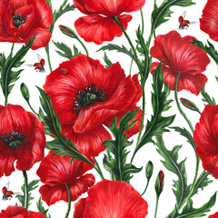 Seamless pattern with a lot of big red poppies flowers, buds, green leaves and flying ladybugs. Colorful summer or nice romantic design for textile, wallpaper, wrapping paper.