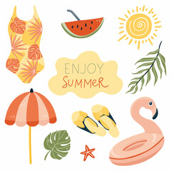 Summer collection. Set of cute summer elements: clothes, leaves, swimming circle, umbrella and sun.  Perfect for summertime poster, card, banners. Hand drawn vector illustration