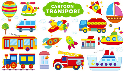 Big vector set of transport and cars in funny cartoon style