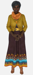 Agatha is an older adult woman with short grayish black hair and dark brown eyes. She is a 3D illustration character model render on an isolated background. 