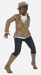 Agatha is an older adult woman with short grayish black hair and dark brown eyes. She is a 3D illustration character model render on an isolated background. 