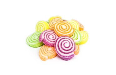 Isolated multicolored jelly candy mix white granulated sugar on white background.