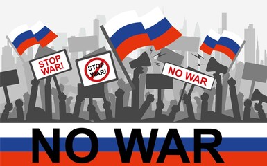 Stop war and military attack in Ukraine poster concept. Silhouette crowd of people protesters. Protest, revolution, demonstrators or conflict. Flat vector illustration.