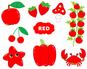 set of red items. Visual dictionary for children about primary colors. vector illustration