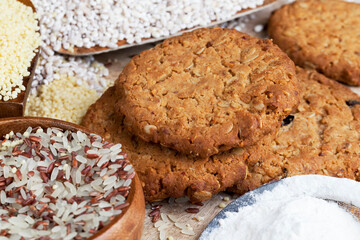 wheat-oatmeal cookies with peanuts, closeup
