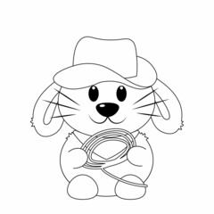Cute cartoon Rabbit Cowboy. Draw illustration in black and white