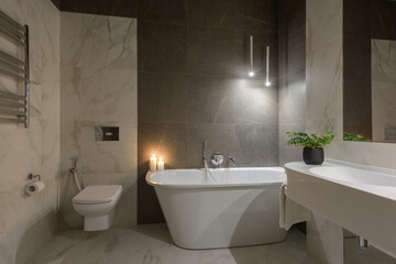 bathroom in a modern style, stylish modern bathroom with gray and white tiles