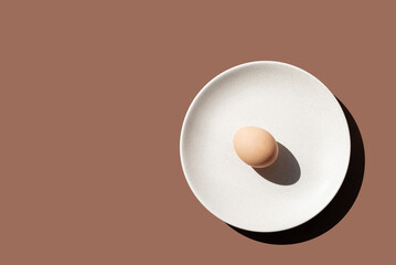 Isolated plate with egg on a brown background. Photo in natural colors. Minimal food concept