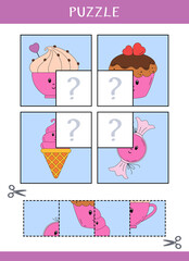 Puzzle for kids. Find the missing parts of the picture. Simple educational game. Cut and glue. Vector worksheet