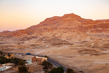 Aerial view of archaeological site Valley of The Kings in Theban Necropolis in the morning with a...