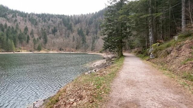 Lac des corbeaux dans les Vosges au printemps tardif. Montagne de sapins et d'arbres feuillus sans leurs feuilles.