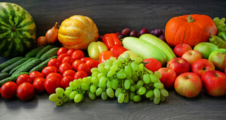 many different fruit and vegetables, green glocery shop, healthy fresh colored fruits and vegetables background delivery