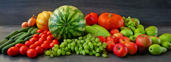 many different fruit and vegetables, green glocery shop, healthy fresh colored fruits and vegetables background delivery