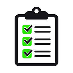 Clipboard with checklist with green check boxes icon isolated on white background.