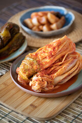 Korean Pogikimchi, seasoned Kimchi made with whole heads of Napa cabbage, called Gimjang Kimchi