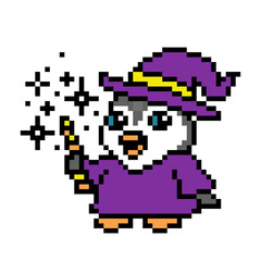 Fototapeta premium Penguin wizard wearing a mantle and a hat putting a spell with a magic stick, pixel art Halloween animal character isolated on white background. Retro 80s, 90s 8 bit slot machine, video game graphics