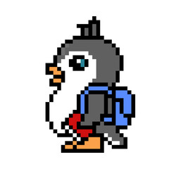Side view penguin wearing a backpack and holding a textbook, pixel art school student character isolated on white background. Old school 80s, 90s 8 bit slot machine, computer, video game graphics.