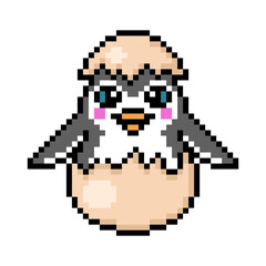 Happy newborn baby penguin in a cracked egg, cute pixel art wildlife animal character isolated on white background. Old school 80s, 90s 8 bit slot machine, video game graphics. Antarctica bird chick.