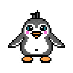 Happy penguin, cute pixel art wildlife animal character isolated on white background. Old school retro 80s, 90s 8 bit slot machine, computer, video game graphics. Cartoon antarctica bird mascot.