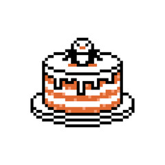 Cake decorated with penguin figure, cute pixel art dessert icon isolated on white background. Nostalgic old school retro vintage 80s, 90s 8 bit slot machine, computer, video game graphics.