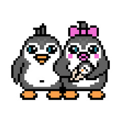 Obraz premium Happy penguin family of mother, father and baby. Cute pixel art animal characters isolated on white background. Old school retro vintage 80s, 90s 8 bit slot machine, computer, video game graphics.