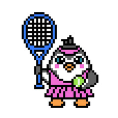Fototapeta premium Tennis player penguin girl in uniform with racket and ball, pixel art animal character isolated on white background. Old school retro 80s, 90s 8 bit slot machine, video game graphics. Sport mascot.