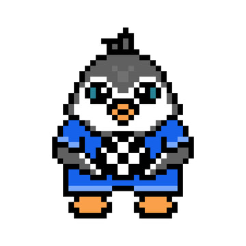 Football Player Penguin With A Ball, Cute Cartoon Pixel Art Bird Character Isolated On White Background. 8 Bit Sport Mascot. Old School Retro 80s, 90s Slot Machine, Computer, Video Game Graphics.