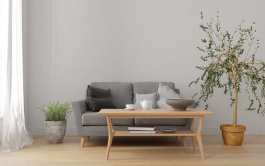Wall mockup poster art in living room interior with  flower grey couch and wooden table 