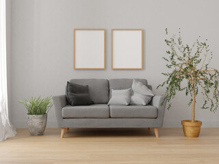 Wall mockup poster art in living room interior with  flower grey couch and wooden table 