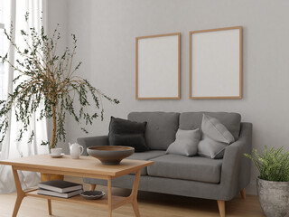 Wall mockup poster art in living room interior with  flower grey couch and wooden table 