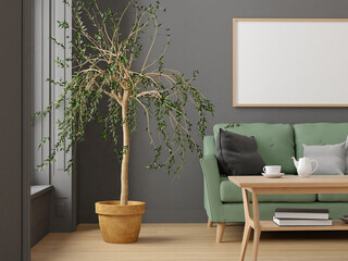 Wall mockup poster art in living room interior with  flower green couch and wooden table 