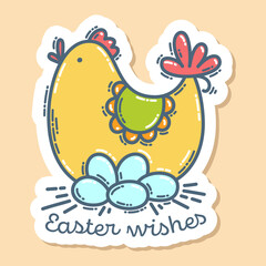 Colorful chicken and lettering Easter wishes, hand-drawn doodle sticker. Cute colorful symbol and element