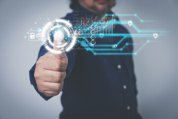 Access security system digital internet online for financial and investment stock market to the future. Businessman using the thumb to scan fingerprint for login processing biometric identification.