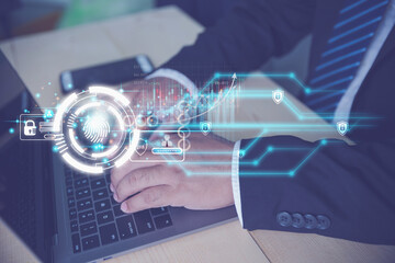 Access security system digital internet online for financial and investment stock market to the future. Businessman login for ID. Password for security system by using a laptop for safety to cyber.